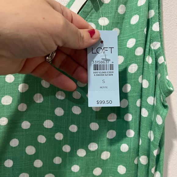 Loft Green Polka Dot Midi Dress Sz SP Linen Blend Summer Cottagecore Retro Chic - Picture 4 of 10